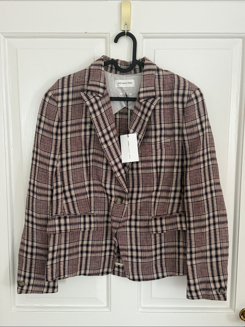 Isabel Marant Plaid Notch-Lapel Blazer in Navy, Tan & Crimson